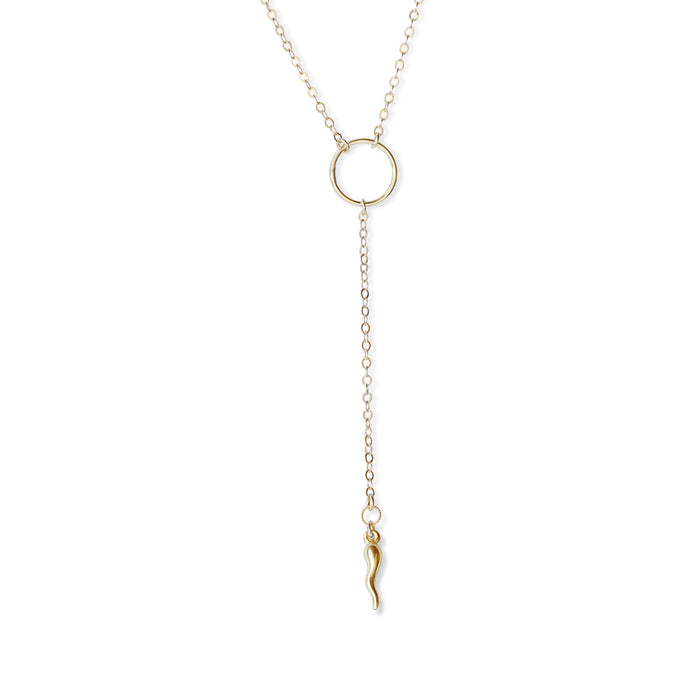 This Italian Horn Y necklace features a 14K gold-filled Italian horn pendant that is not only a statement of fashion but a symbol of good luck and protection.