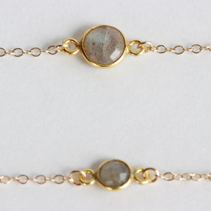 Close up of the mother and daughter labradorite bracelet set made from labradorite stones and gold fill chain. The mother wears the larger stone and the daughter wears the baby labradorite stone. Choose from a rang of sizes for a 1 to 10 year old. Handmade with love. Chains by Lauren