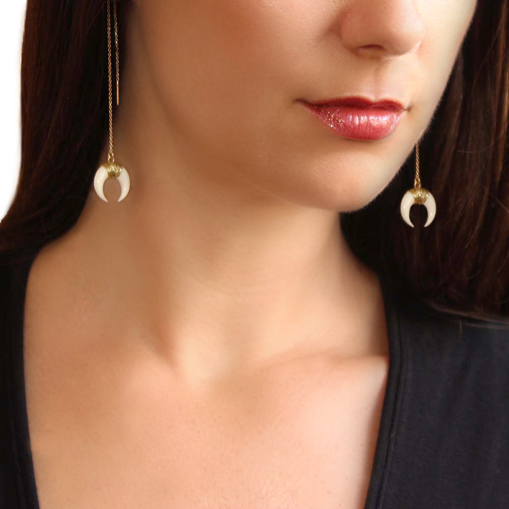 Horn threader earrings made of gold fill and bone. Perfect for sensitive skin. Handmade. Chains by Lauren.