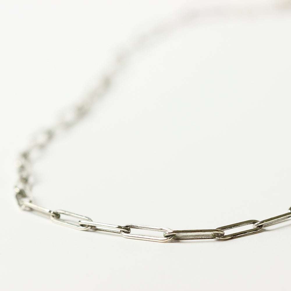 Close up of the sterling silver paper clip chain necklace.  Handmade.  Chains by Lauren