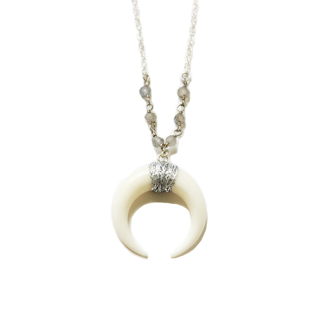 White horn necklace in a range of lengths from 18"-24". Made with labradorite stones, and sterling silver chain. Adjustable at the back neck. Handmade. Chains by Lauren
