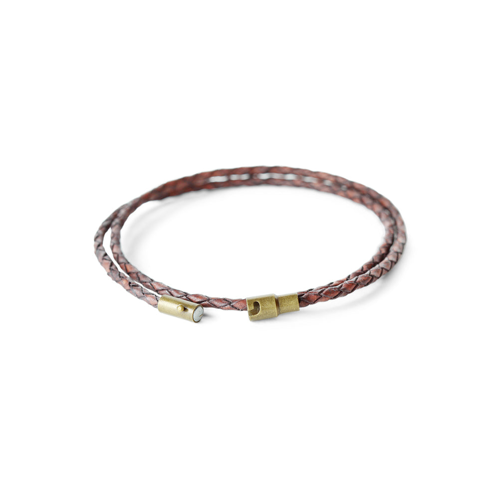 Men's dark brown leather wrap bracelet with a magnetic closure.