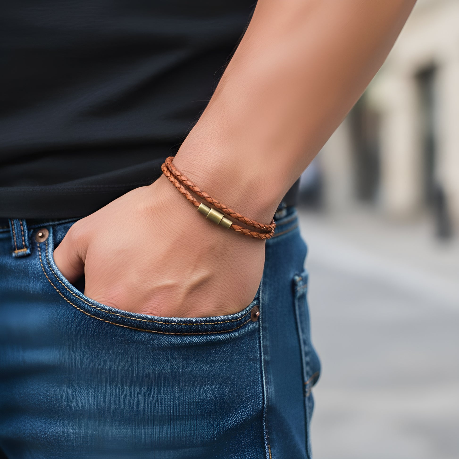 Men's Caramel Brown Thin Double Wrap Leather Bracelet | Santa Teresa