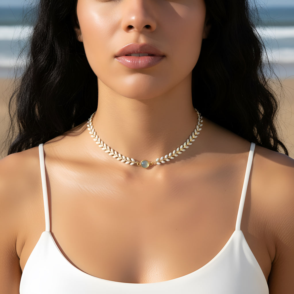 White Wheat Choker with Stone | Pine Cay Beach