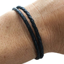 Men's thin black leather wrap rope bracelet secures with a magnetic closure and safety lock.  Chains by Lauren