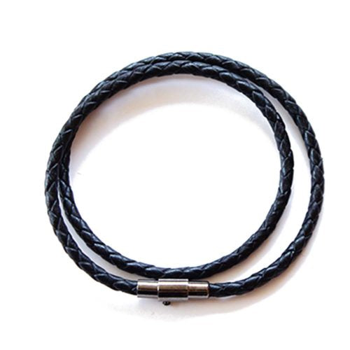 Men's thin black leather wrap rope bracelet secures with a magnetic closure and safety lock.  Chains by Lauren