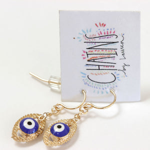Tiny evil eye earrings with gold filled ear wires.  Chains by Lauren