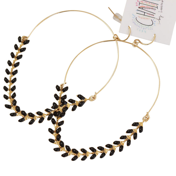 Contemporary Grecian hoop earrings. Made with black enamel wheat and gold wire. Super light weight and timeless. Chains by Lauren