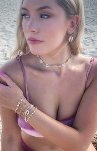 Dusty Rose Cowrie & Gold Bead Choker | Shell Beach
