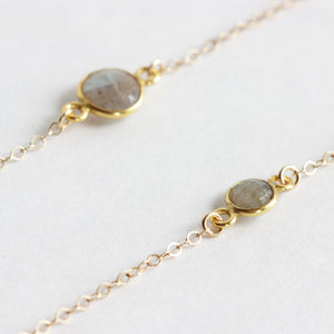 Close up of the momma and me labradorite bracelet set made from labradorite stone and gold fill chain.  The mother wears the larger stone and the daughter wears the baby labradorite stone.  Choose from a rang of sizes for a 1 to 10 year old.  Handmade with love.  Chains by Lauren