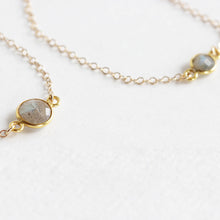 Close up of the mother and daughter labradorite bracelet set made from labradorite stones and gold fill chain. The mother wears the larger stone and the daughter wears the baby labradorite stone. Choose from a rang of sizes for a 1 to 10 year old. Handmade with love. Chains by Lauren  
