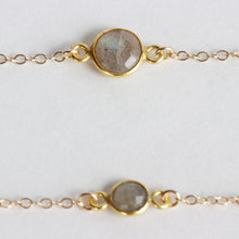 Close up of the mother and daughter labradorite bracelet set made from labradorite stones and gold fill chain. The mother wears the larger stone and the daughter wears the baby labradorite stone. Choose from a rang of sizes for a 1 to 10 year old. Handmade with love. Chains by Lauren