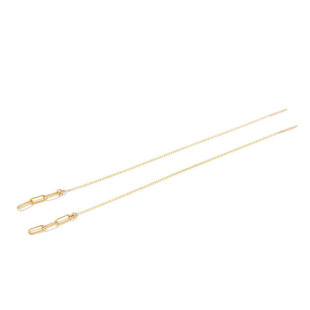 Paper clip chain threader earrings. Made of gold filled chain. Super light weight and easy to wear daily. Wear these extra long or weave them through multiple piercings. Chains by Lauren