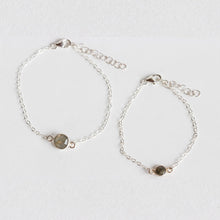 Matching mother and daughter labradorite bracelet set made from labradorite stones and sterling silver chain. The mother wears the larger stone and the daughter wears the baby labradorite stone. Choose from a range of sizes for a 1 to 10 year old. Handmade with love. Chains by Lauren