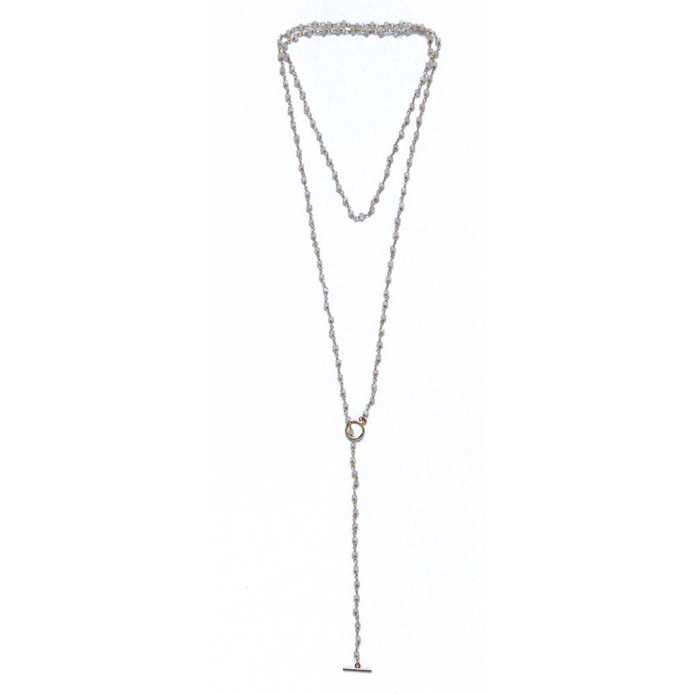 White beaded moonstone lariat.  Choker and lariat in one.  www.chainsbylauren.us.  Handmade.  Chains by Lauren