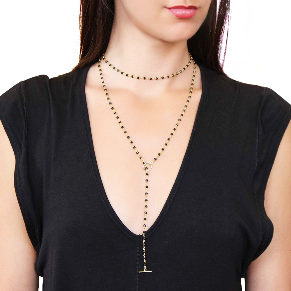 Black beaded Chains by Lauren lariat.  The beads are made from black spinel.  Choker and lariat in one.  Handmade.  Chains by Lauren