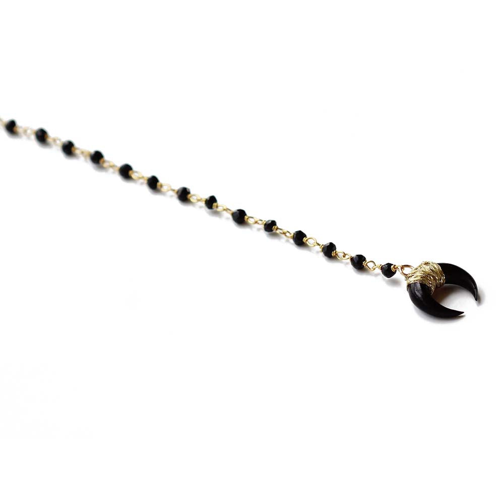 Close up of the black spinel lariat necklace.  Chains by Lauren