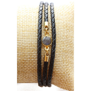 Triple wrap black leather charm bracelet with a labradorite stone. Adjustable so one size fits all. Handmade. Chains by Lauren  Edit alt text