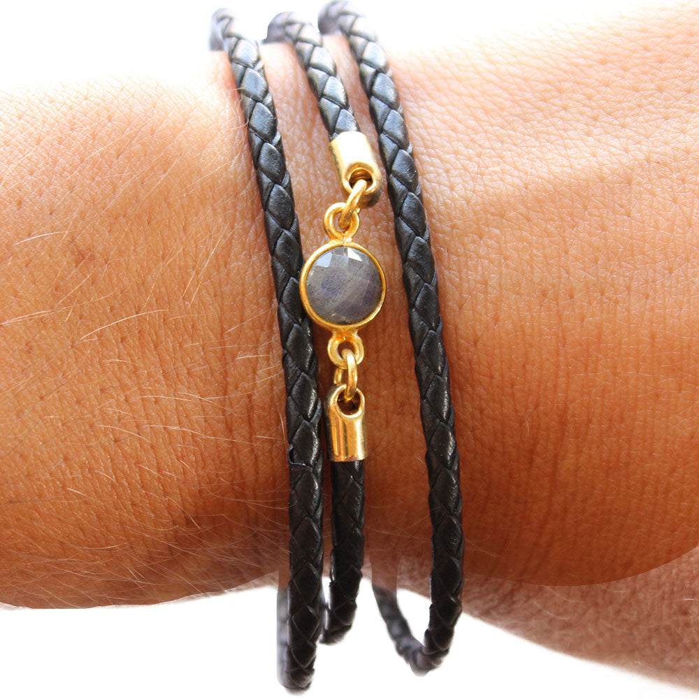 Triple wrap black leather charm bracelet with a labradorite stone.  Adjustable so one size fits all.  Handmade.  Chains by Lauren