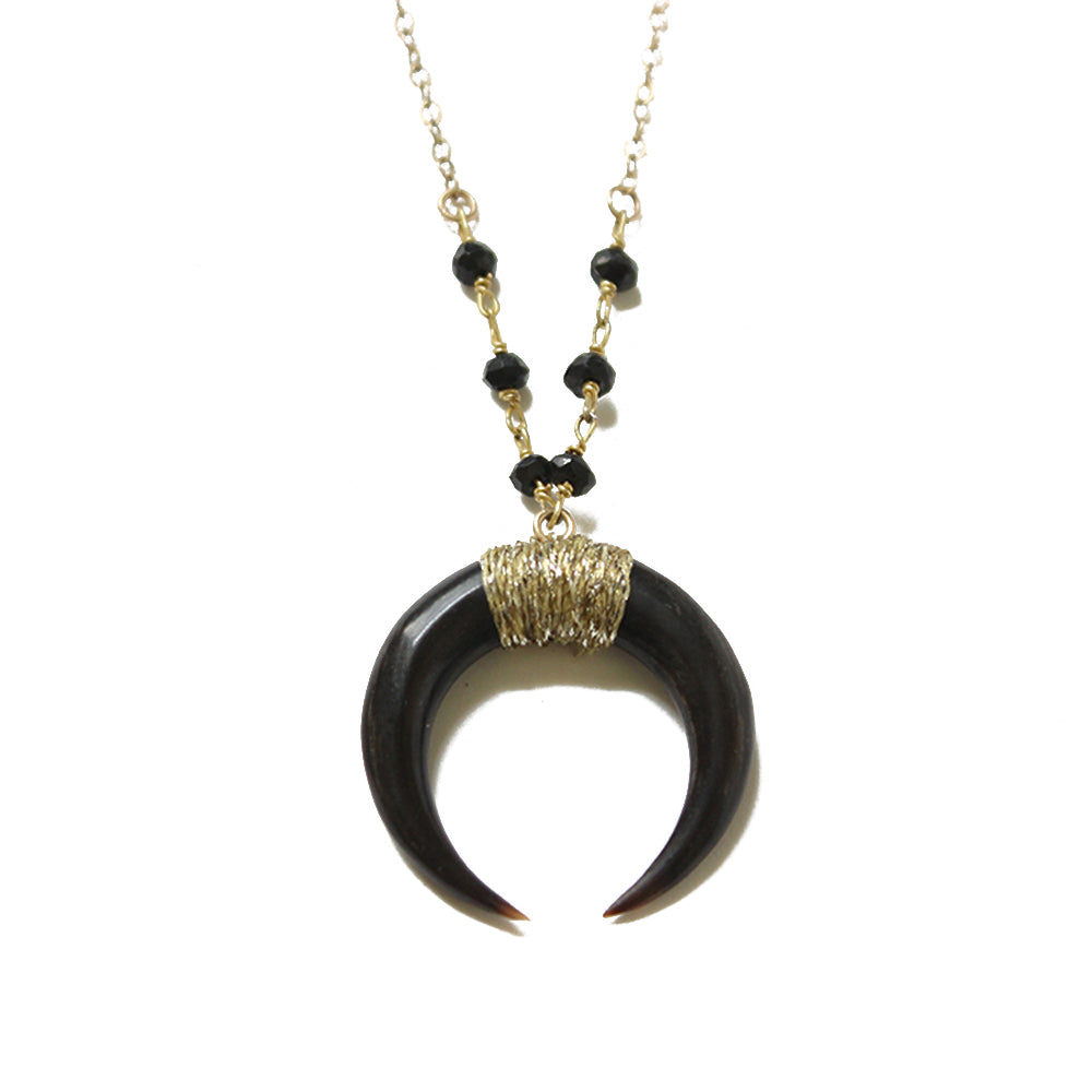 Large Horn necklace.  Available in a range of lengths.  Made with gold fill and black spinel beads.  Chains by Lauren