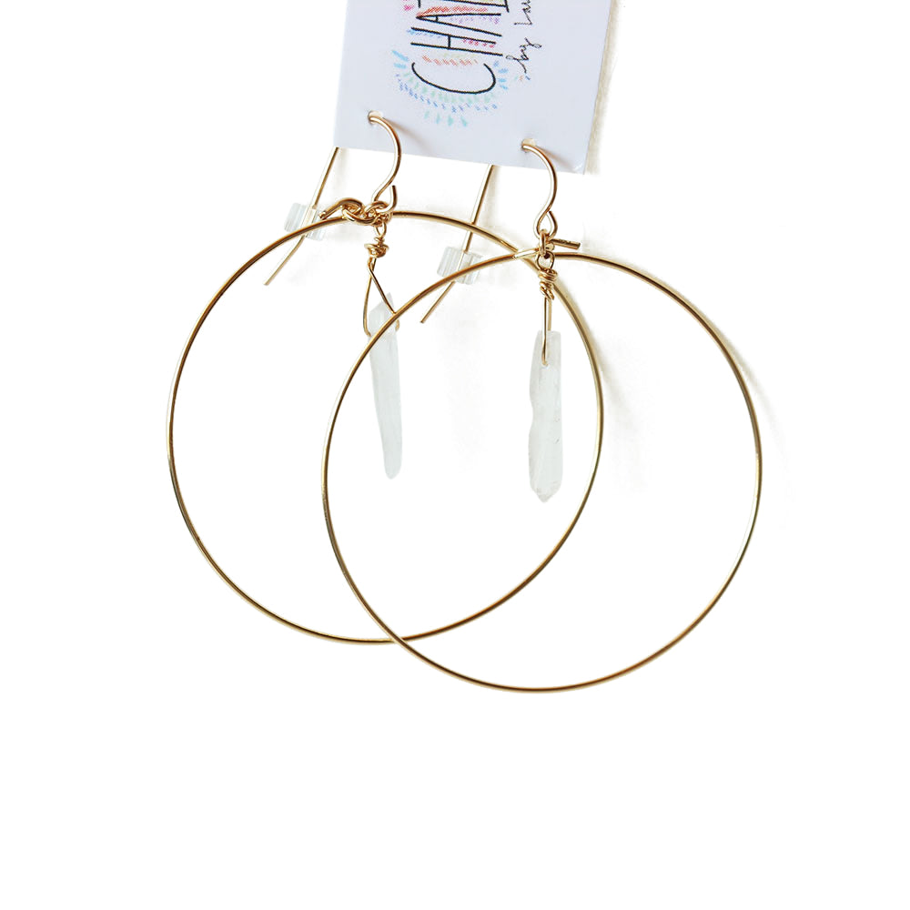 Crystal quartz gold hoops. Super light weight and the backings are included.