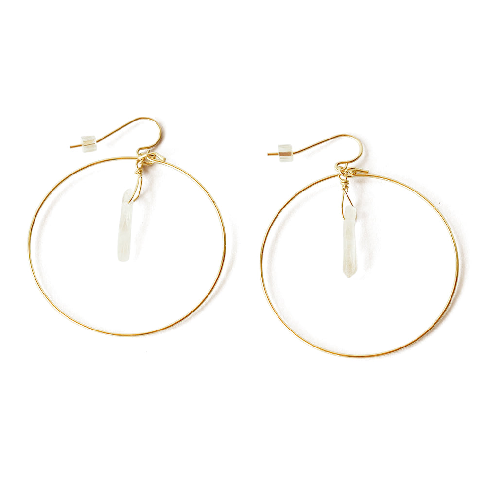 Crystal quartz gold hoops. Super light weight and the backings are included.