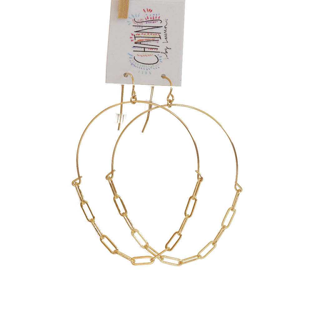 These paper clip chain hoops are made of gold filled wire and chain.  Light weight and easy to wear all day long.  Available in sterling silver as well.  Chains by Lauren