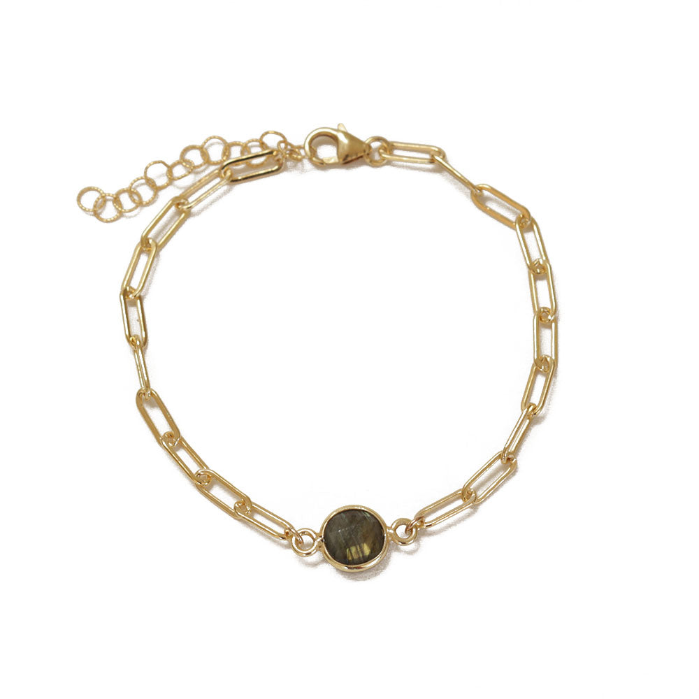 This dainty paper clip chain charm bracelet is made from gold filled chain and a labradorite stone.  Adjustable so one size fits all.  Chains by Lauren