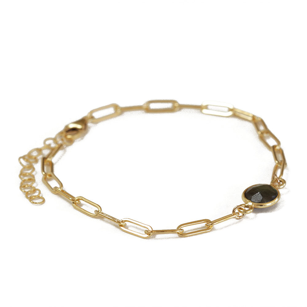 Stackable dainty paper clip chain charm bracelet made with a labradorite stone.  One size fits all. Chains by Lauren