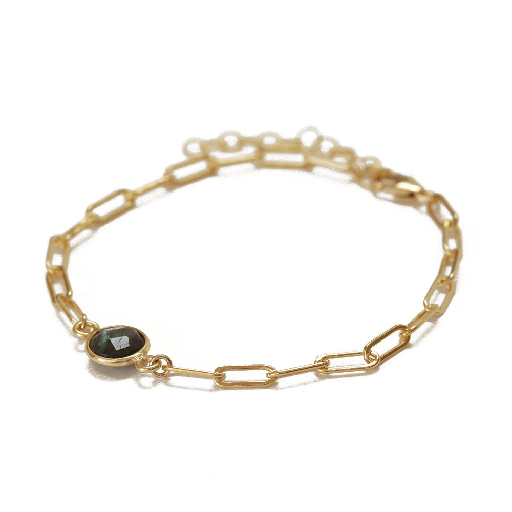 This dainty paper clip chain charm bracelet is made from gold filled chain and a labradorite stone.  Adjustable so one size fits all.  Chains by Lauren