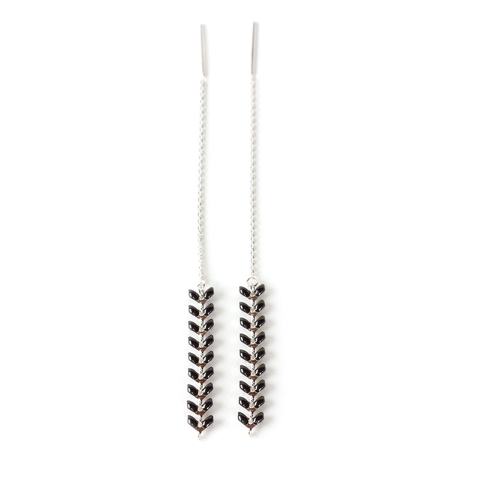 Black Grecian threader earrings made with sterling silver and black enamel.