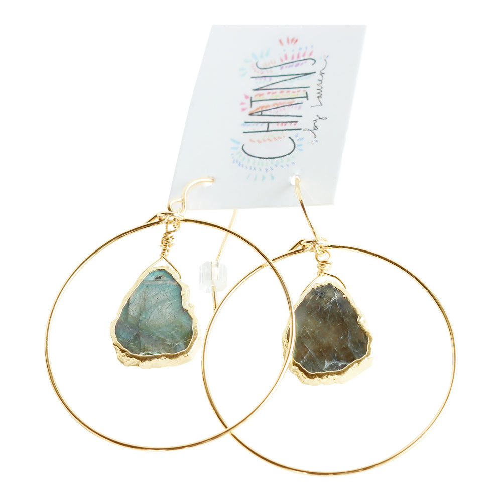 Light weight mini labradorite hoop earrings handmade in California.