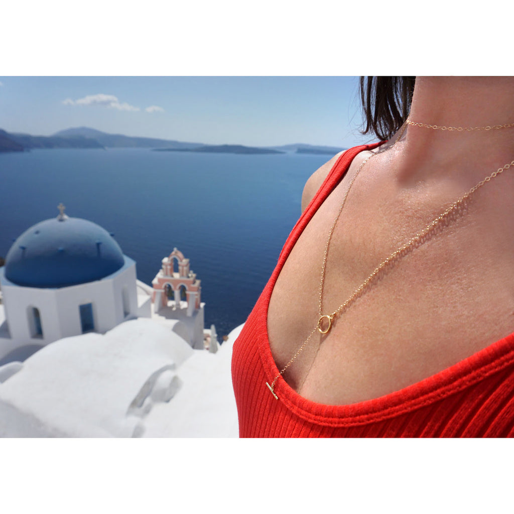 Gold lariat necklace.  The color will stay the same.  This is perfect for sensitive skin.  Handmade.  Chains by Lauren