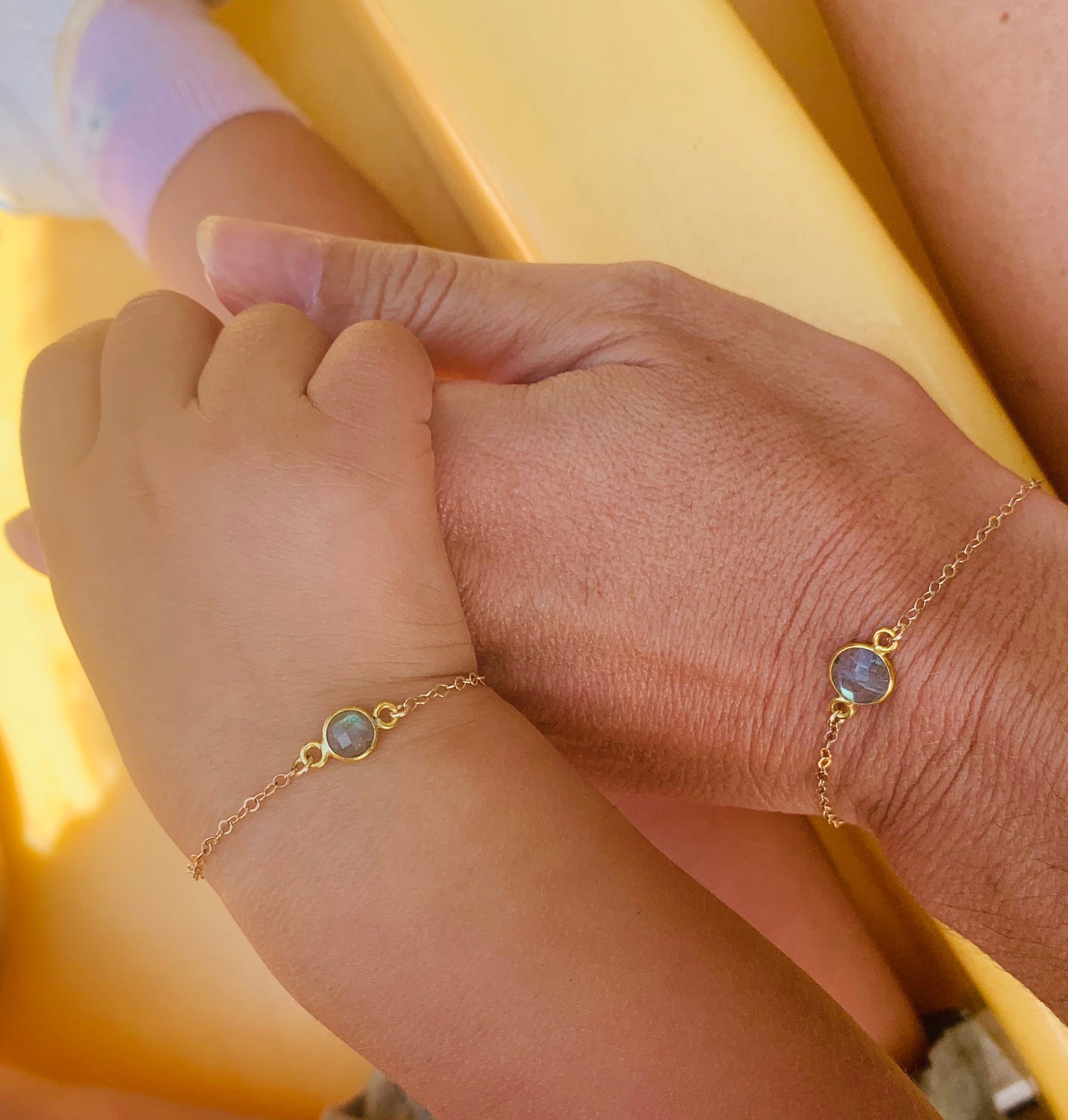 Mother and daughter gold and labradorite bracelet set. Perfect for 1-10 year olds. Four different size options are available for the child's bracelet. Great gifts for baby showers, Mother's Day, 1st birthday, and first day of school. Handmade with love. Chains by Lauren