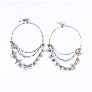 Dangle pearl hoops made with fresh water pearls and gold fill. Handmade. Chains by Lauren