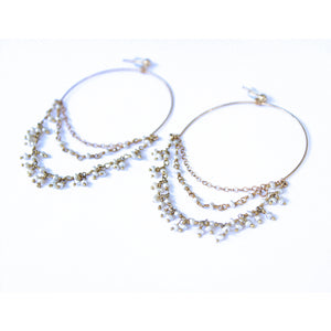 Dangle pearl hoops made with fresh water pearls and gold fill. Handmade. Chains by Lauren  Edit alt text