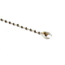 Close up of the pyrite beaded lariat with a horn.  Handmade.  Chains by Lauren
