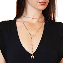 Pyrite beaded wrap lariat with horn by Chains by Lauren.  Choker and lariat all in one.  Adjust as you like.  Find this pyrite lariat online at www.chainsbylauren.us.  Handmade.   Chains by Lauren