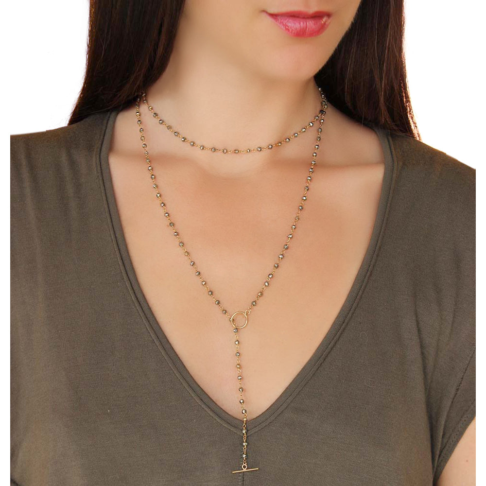 Pyrite beaded lariat by Chains by Lauren.  Choker and lariat all in one.  Adjust as you like.  Handmade.  Chains by Lauren