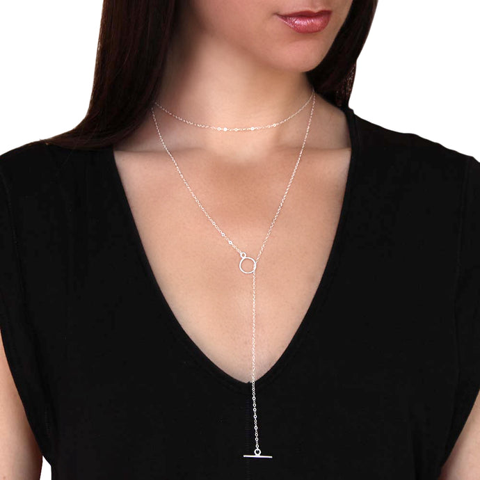 Sterling silver choker and lariat in one.  Adjust as you like.   One size fits all.  Handmade.  Chains by Lauren