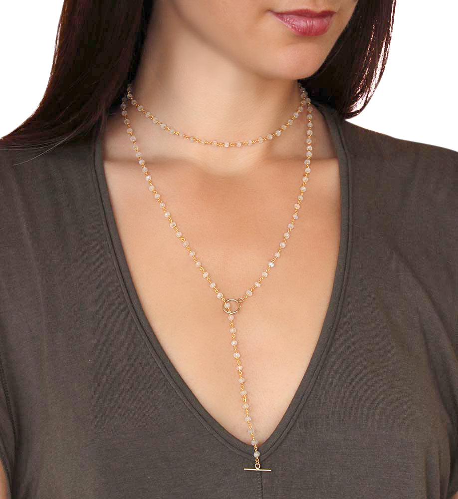 White beaded moonstone lariat.  Choker and lariat in one.  Adjust as you like.  One size fits all.  Handmade.  Chains by Lauren