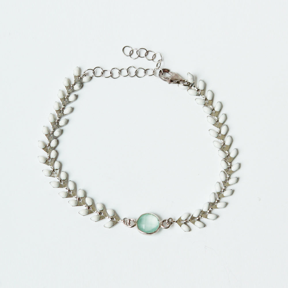 White and silver wheat bracelet with chalcedony stone.  Handmade.  Chains by Lauren