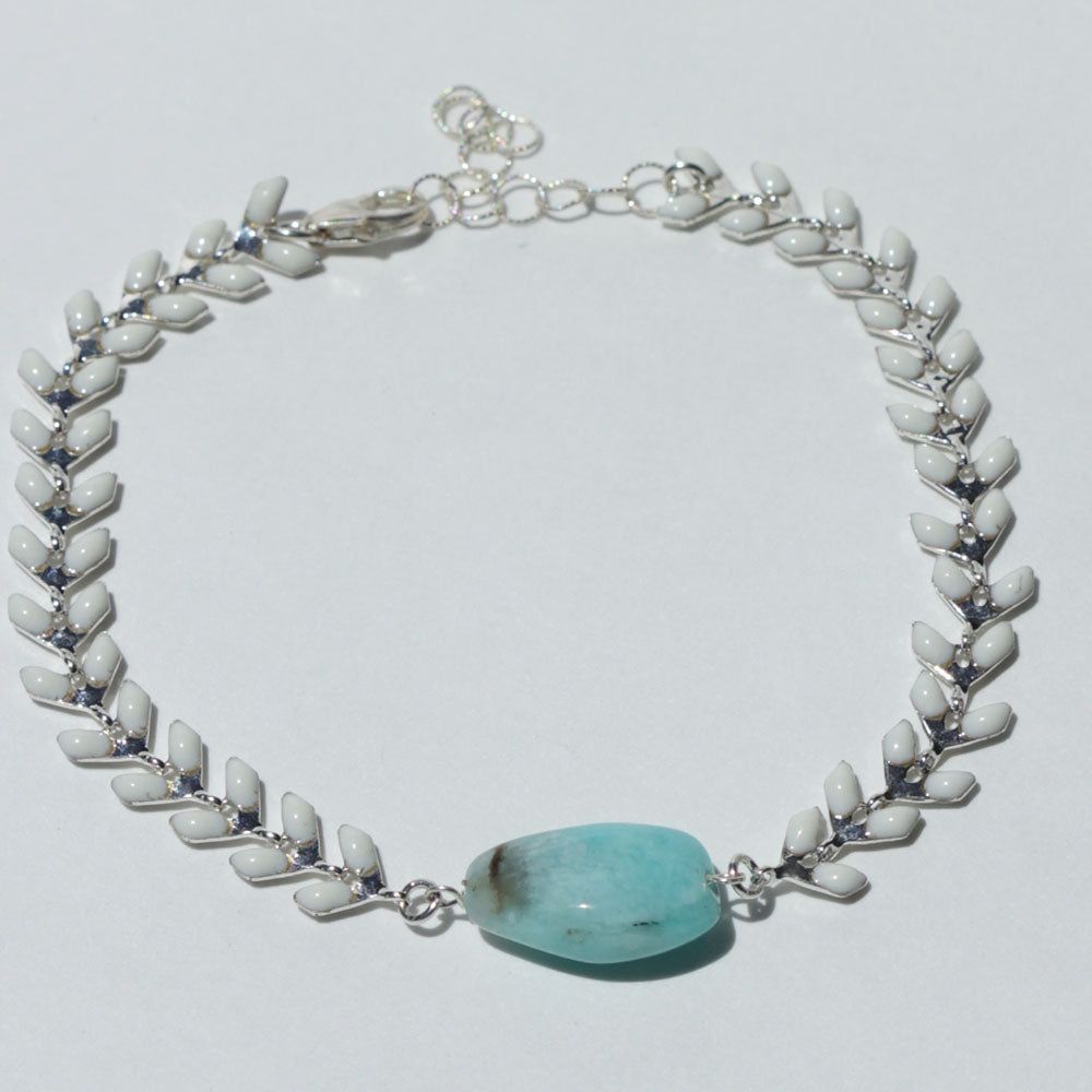 White and Silver Wheat Bracelet with Amazonite Stone | Vai Beach