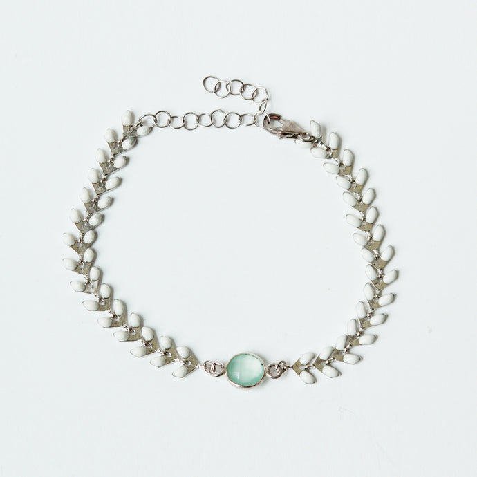 White and silver wheat bracelet with chalcedony stone.  Handmade.  Chains by Lauren