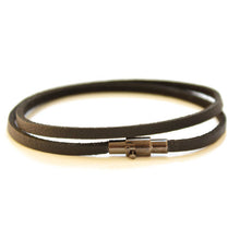 Men's black leather wrap bracelet with magnetic safety lock.  Available in sizes XS-XL.  Chains by Lauren